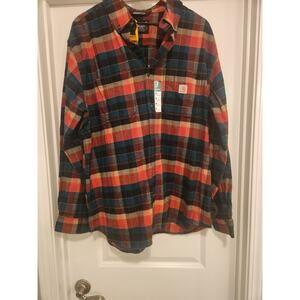 NWT Carthartt Men’s Flannel Button-Down Long Sleeve Orange Blue Shirt M